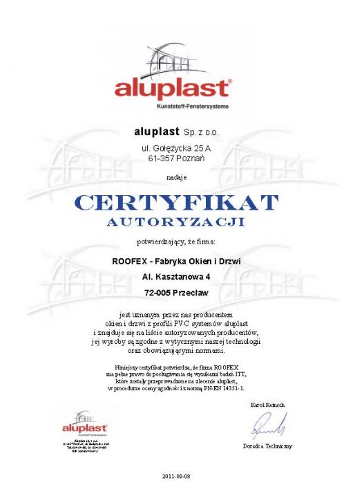 Certyfikat autoryzacji ITT Roofex