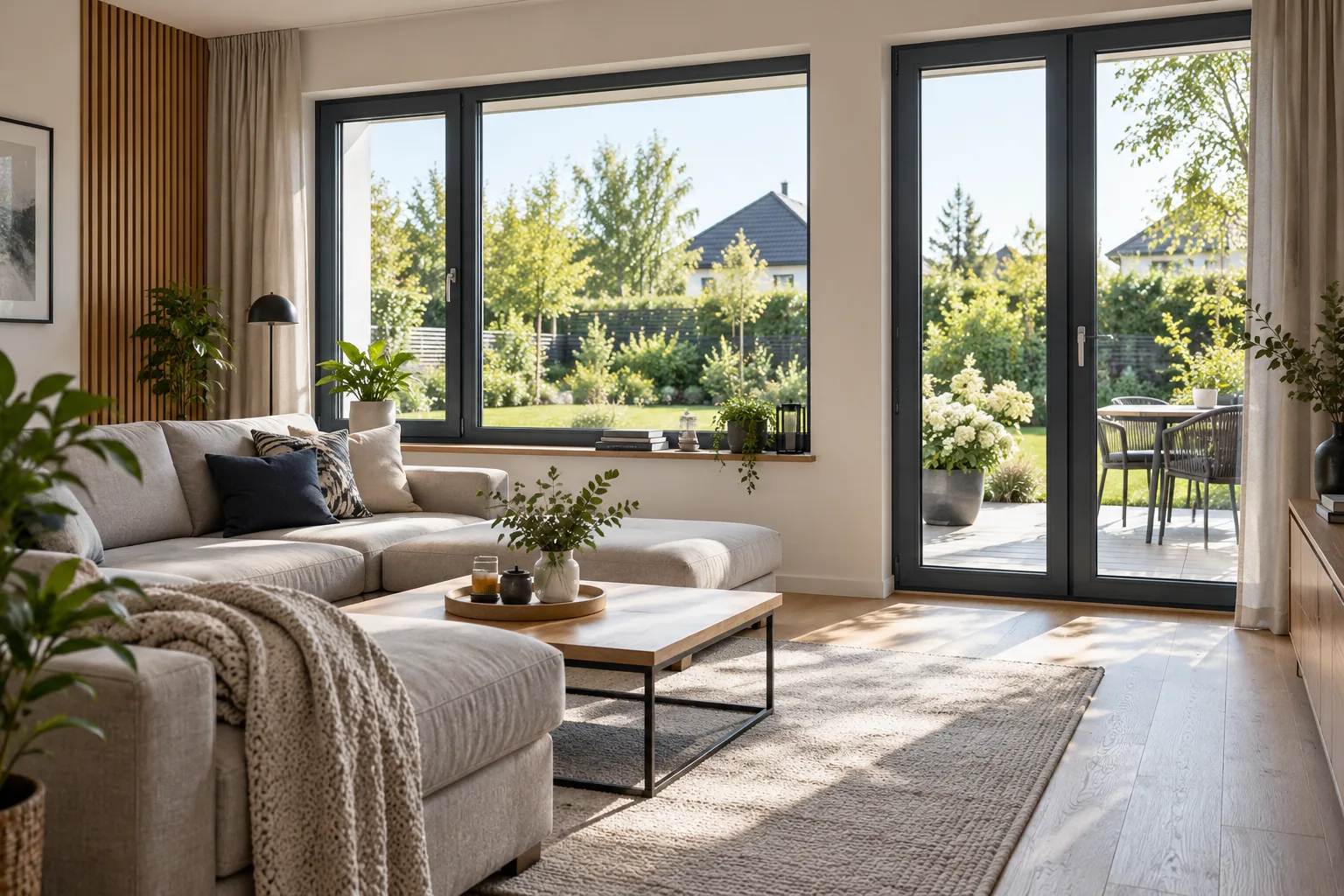 Wizualizacja wnętrza domu z dużymi oknami i drzwiami tarasowymi